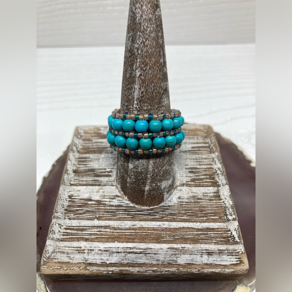 ✨Handmade Beaded Ring Blue Magnesite and Miyuki Seed Beads